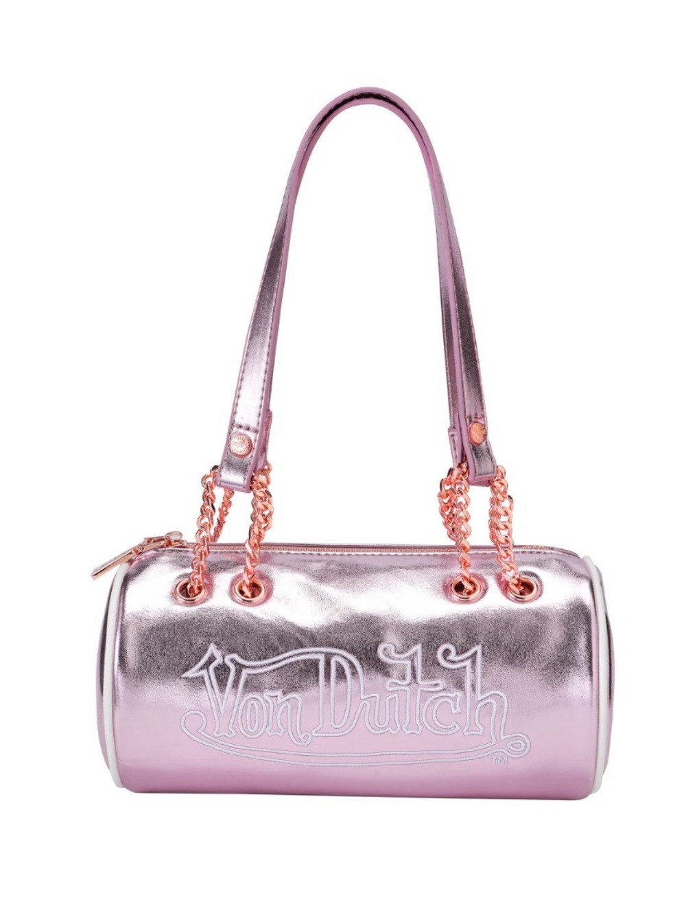 Von Dutch Metallic Pink Barrel Shoulder Bag with Rose-Gold Chain
